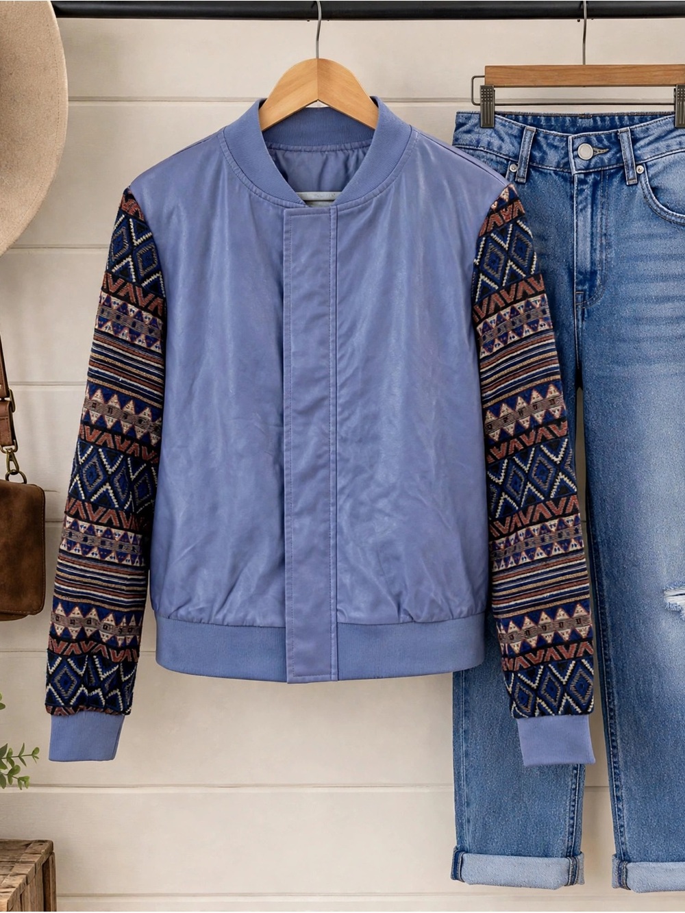 Women’s faux leather Lavender Bomber Jacket with Patterned Knit Sleeves